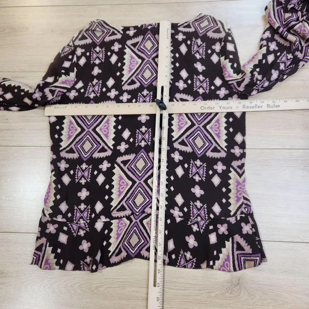 Tory Burch Blouse Womens 4 Black Purple Aztec Silk V Neck Drawstring Top